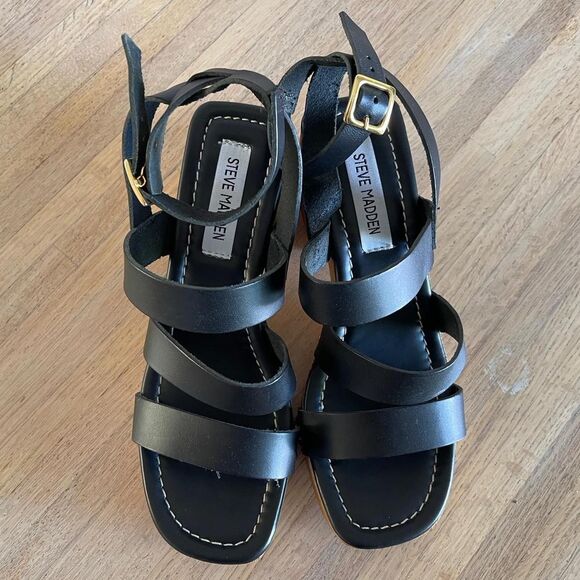 Steve Madden Black Leather Wood Block Heel Strappy Platform Heels Sandals Size 8 - Picture 2 of 8